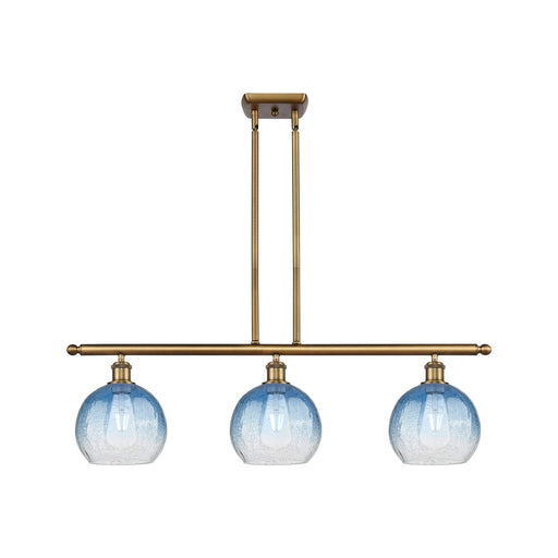 Innovations Brookhaven Globe 36in 3-Light Island Light | Industrial Brushed Brass and Sapphire Blue Glass | Kitchen Island | Model 516-3I-BB-G483-8SB