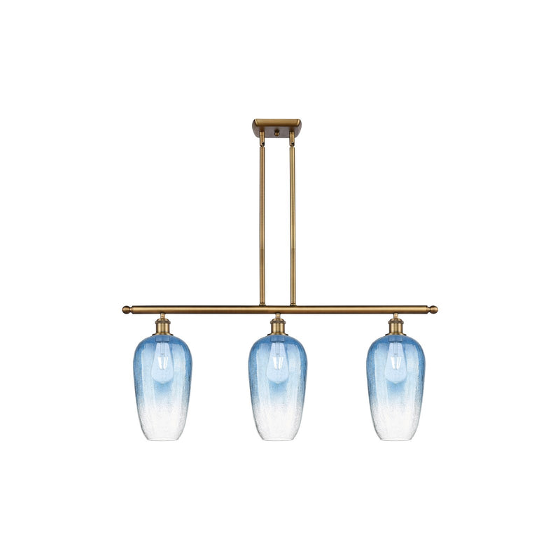 Innovations Brookhaven Flute 36in 3-Light Island | Industrial Brushed Brass and Sapphire Blue Glass | Kitchen Island | Model 516-3I-BB-G484-7SB