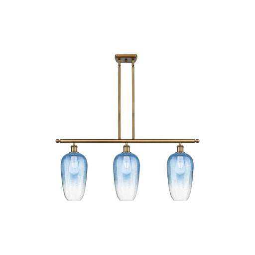 Innovations Brookhaven Flute 36in 3-Light Island | Industrial Brushed Brass and Sapphire Blue Glass | Kitchen Island | Model 516-3I-BB-G484-7SB