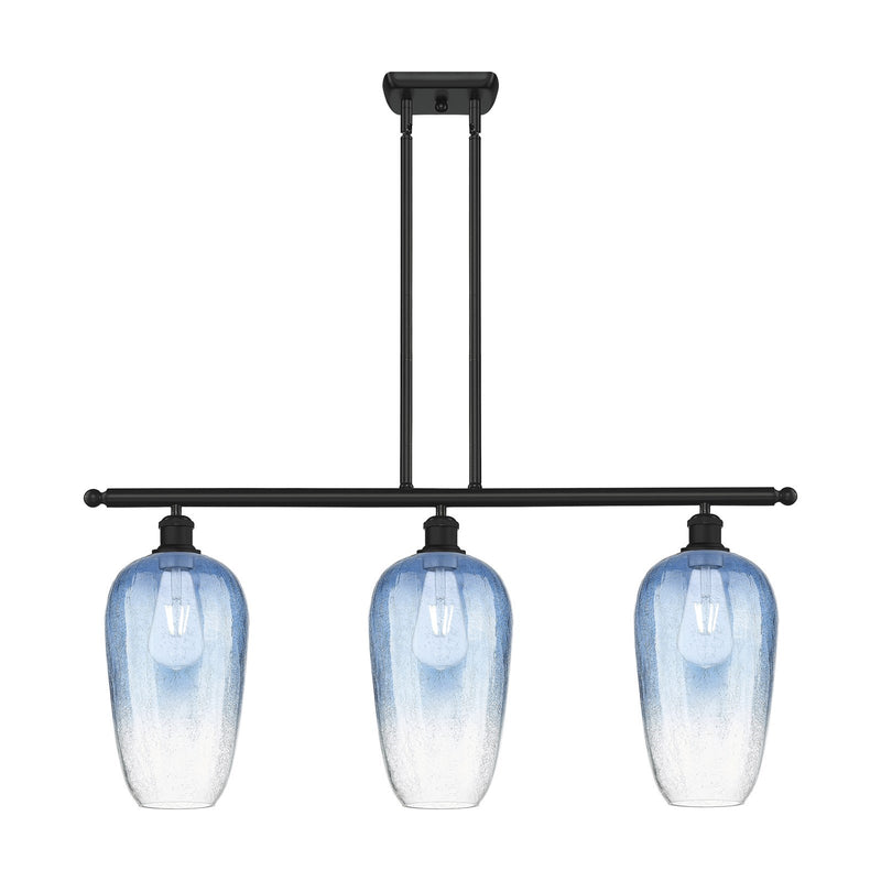 Innovations Brookhaven Flute 36in 3-Light Island Light | Industrial Matte Black and Sapphire Blue Glass | Kitchen Island | Model 516-3I-BK-G484-7SB