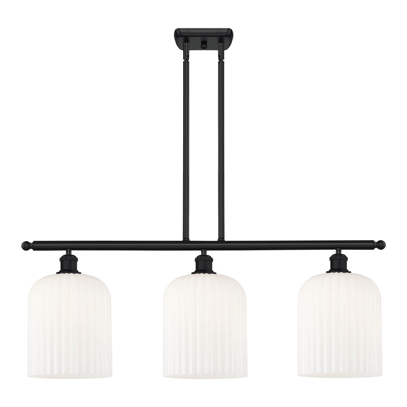 Innovations Bridal Veil 36in 3-Light Island Light | Art Nouveau Matte Black Steel and Gloss White Ribbed Glass | Kitchen | Model 516-3I-BK-G559-8GWH