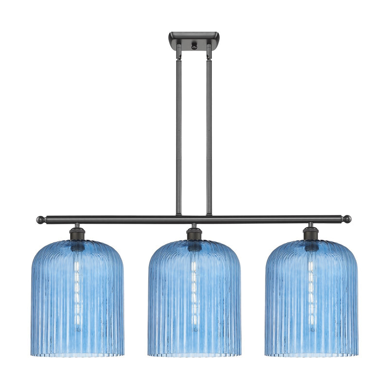 Innovations Bridal Veil 36in 3-Light Island Light | Art Nouveau Oil Rubbed Bronze Steel and Princess Blue Ribbed Glass | Model 516-3I-OB-G559-12BL