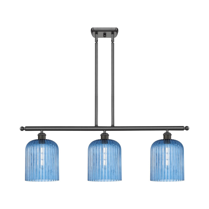 Innovations Bridal Veil 36in 3-Light Island Light | Art Nouveau Oil Rubbed Bronze Steel and Princess Blue Ribbed Glass | Model 516-3I-OB-G559-8BL