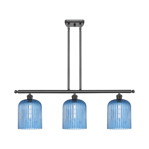 Innovations Bridal Veil 36in 3-Light Island Light | Art Nouveau Oil Rubbed Bronze Steel and Princess Blue Ribbed Glass | Model 516-3I-OB-G559-8BL