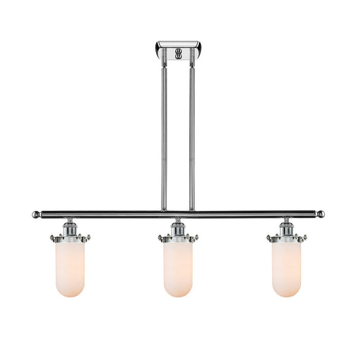 Innovations Kingsbury 36in 3-Light Island Light | Industrial Polished Chrome and Matte White Frosted Glass | Kitchen Island & | Model 516-3I-PC-CE231-W
