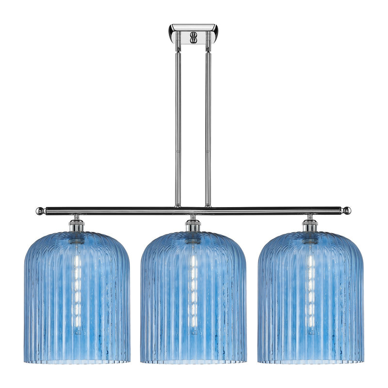 Innovations Bridal Veil 36in 3-Light Island Light | Art Nouveau Polished Chrome and Princess Blue Ribbed Glass | Kitchen | Model 516-3I-PC-G559-12BL