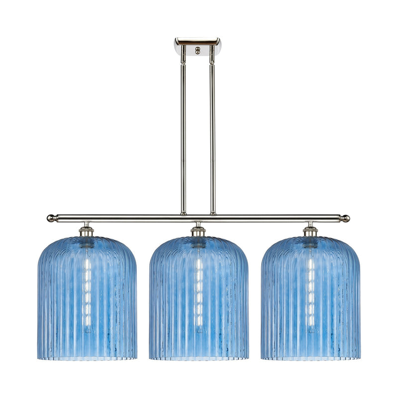 Innovations Bridal Veil 36in 3-Light Island Light | Art Nouveau Polished Nickel and Princess Blue Ribbed Glass | Kitchen | Model 516-3I-PN-G559-12BL