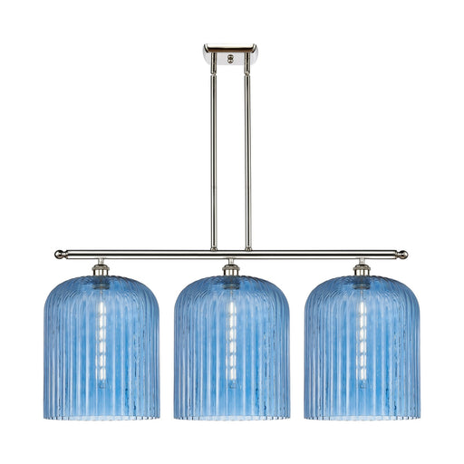 Innovations Bridal Veil 36in 3-Light Island Light | Art Nouveau Polished Nickel and Princess Blue Ribbed Glass | Kitchen | Model 516-3I-PN-G559-12BL