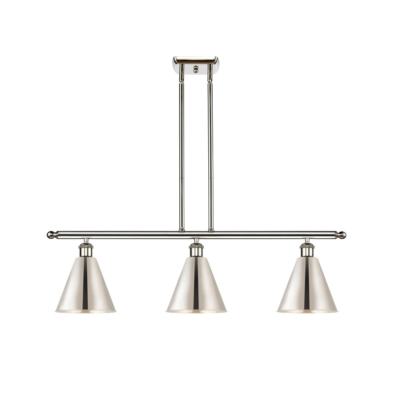Innovations Berkshire 36in 3-Light Island Light | Industrial Farmhouse Polished Nickel Steel and Metal Cone Shade | Kitchen | Model 516-3I-PN-MBC-8-PN-LED