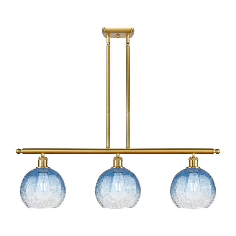 Innovations Brookhaven Globe 36in 3-Light Island Light | Industrial Satin Gold Steel and Sapphire Blue Glass | Kitchen Island & | Model 516-3I-SG-G483-8SB