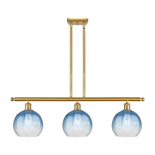 Innovations Brookhaven Globe 36in 3-Light Island Light | Industrial Satin Gold Steel and Sapphire Blue Glass | Kitchen Island & | Model 516-3I-SG-G483-8SB