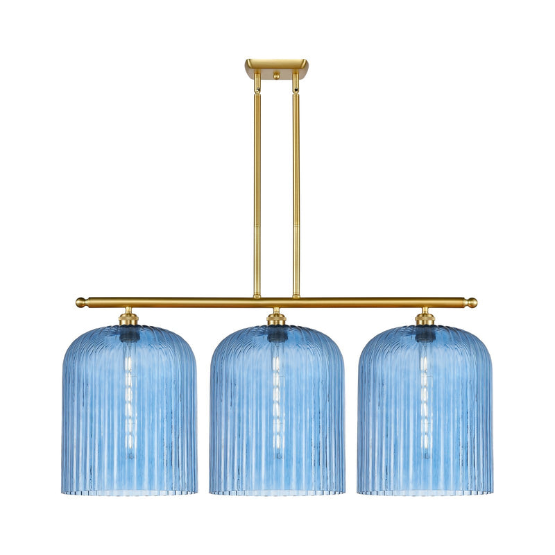 Innovations Bridal Veil 36in 3-Light Island Light | Art Nouveau Satin Gold Steel and Princess Blue Ribbed Glass | Kitchen | Model 516-3I-SG-G559-12BL