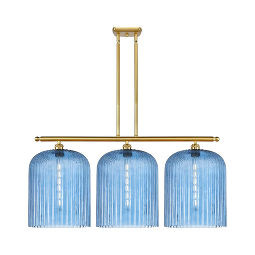 Innovations Bridal Veil 36in 3-Light Island Light | Art Nouveau Satin Gold Steel and Princess Blue Ribbed Glass | Kitchen | Model 516-3I-SG-G559-12BL