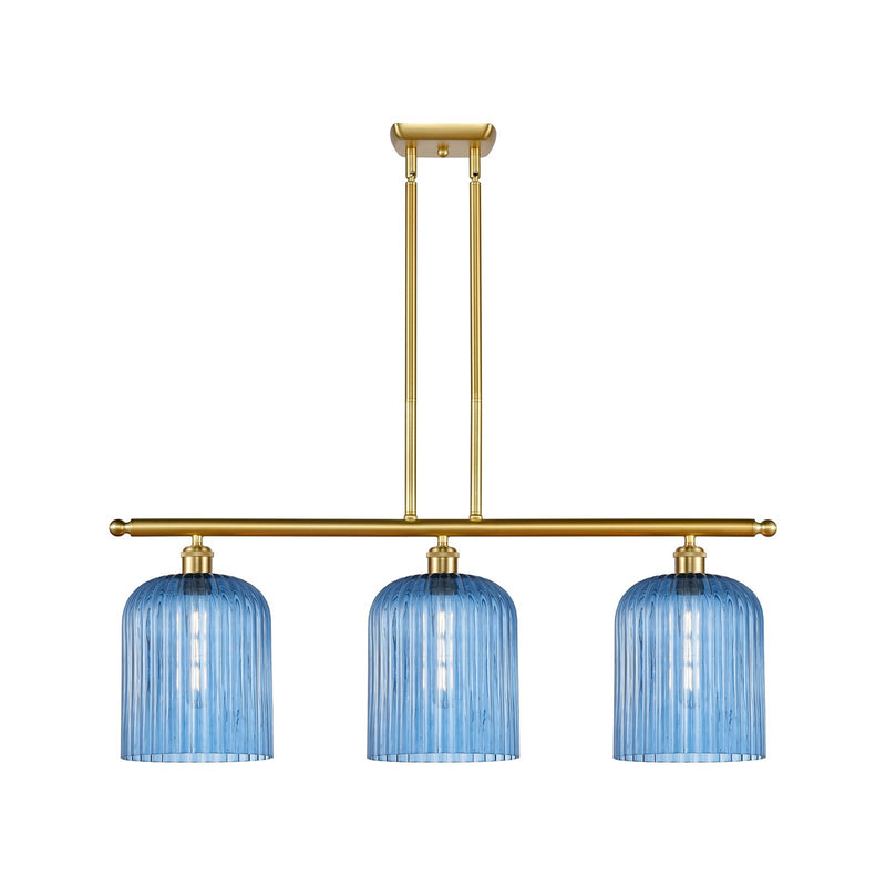 Innovations Bridal Veil 36in 3-Light Island Light | Art Nouveau Satin Gold Steel and Princess Blue Ribbed Glass | Kitchen | Model 516-3I-SG-G559-8BL