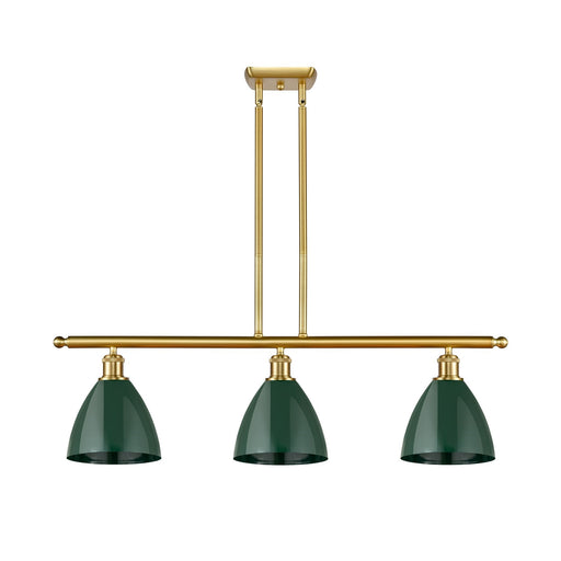 Innovations Plymouth 36in 3-Light Island Light | Industrial Farmhouse Satin Gold Steel and Matte Green Metal | Kitchen | Model 516-3I-SG-MBD-75-GR-LED
