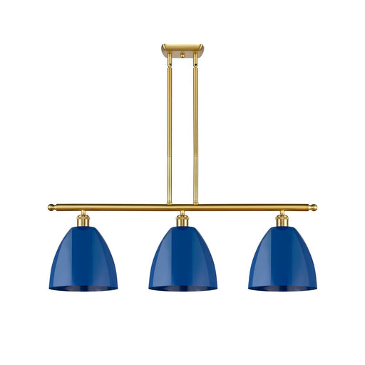 Innovations Plymouth 36in 3-Light Island Light | Industrial Farmhouse Satin Gold Steel and Matte Blue Metal Shade | Kitchen | Model 516-3I-SG-MBD-9-BL