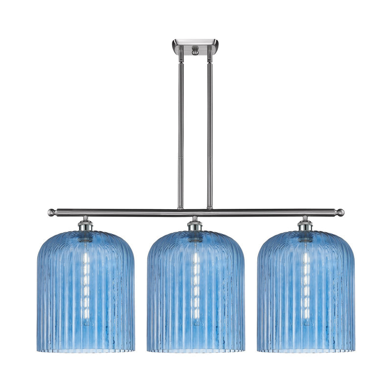 Innovations Bridal Veil 36in 3-Light Island Light | Art Nouveau Brushed Satin Nickel and Princess Blue Ribbed Glass | Kitchen | Model 516-3I-SN-G559-12BL