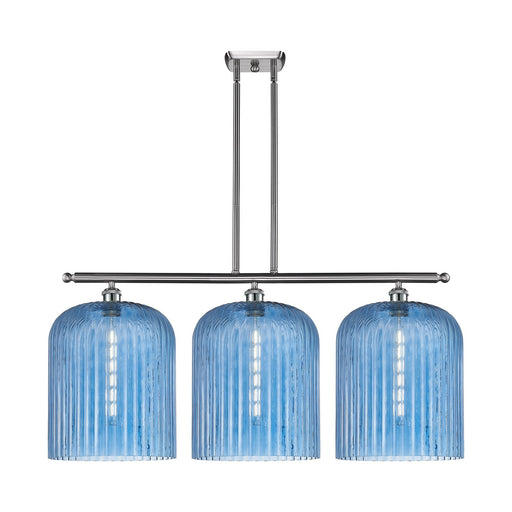 Innovations Bridal Veil 36in 3-Light Island Light | Art Nouveau Brushed Satin Nickel and Princess Blue Ribbed Glass | Kitchen | Model 516-3I-SN-G559-12BL