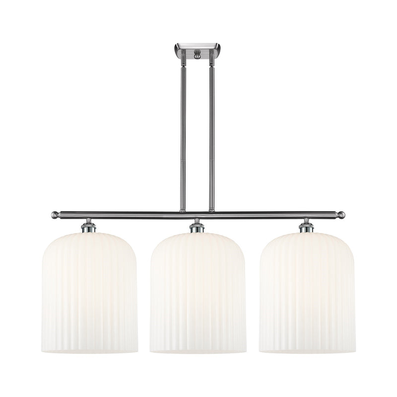 Innovations Bridal Veil 36in 3-Light Island Light | Art Nouveau Brushed Satin Nickel and Gloss White Ribbed Glass | Kitchen | Model 516-3I-SN-G559-12GWH