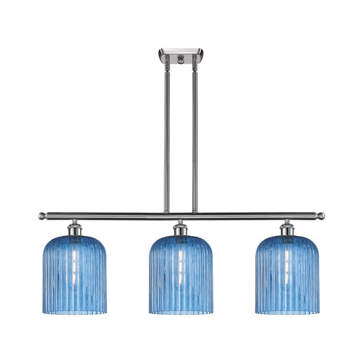 Innovations Bridal Veil 36in 3-Light Island Light | Art Nouveau Brushed Satin Nickel Steel and Princess Blue Ribbed Glass | Model 516-3I-SN-G559-8BL