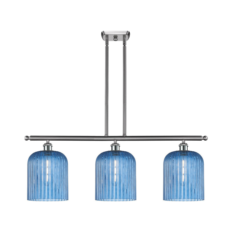 Innovations Bridal Veil 36in 3-Light Island Light | Art Nouveau Brushed Satin Nickel Steel and Princess Blue Ribbed Glass | Model 516-3I-SN-G559-8BL