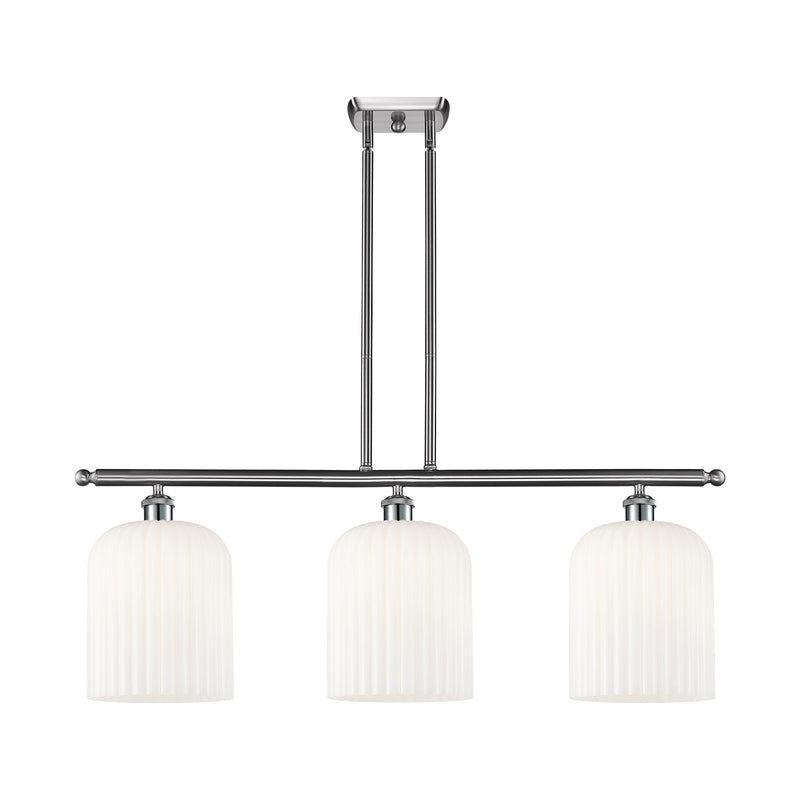 Innovations Bridal Veil 36in 3-Light Island Light | Art Nouveau Brushed Satin Nickel and Gloss White Ribbed Glass | Kitchen | Model 516-3I-SN-G559-8GWH