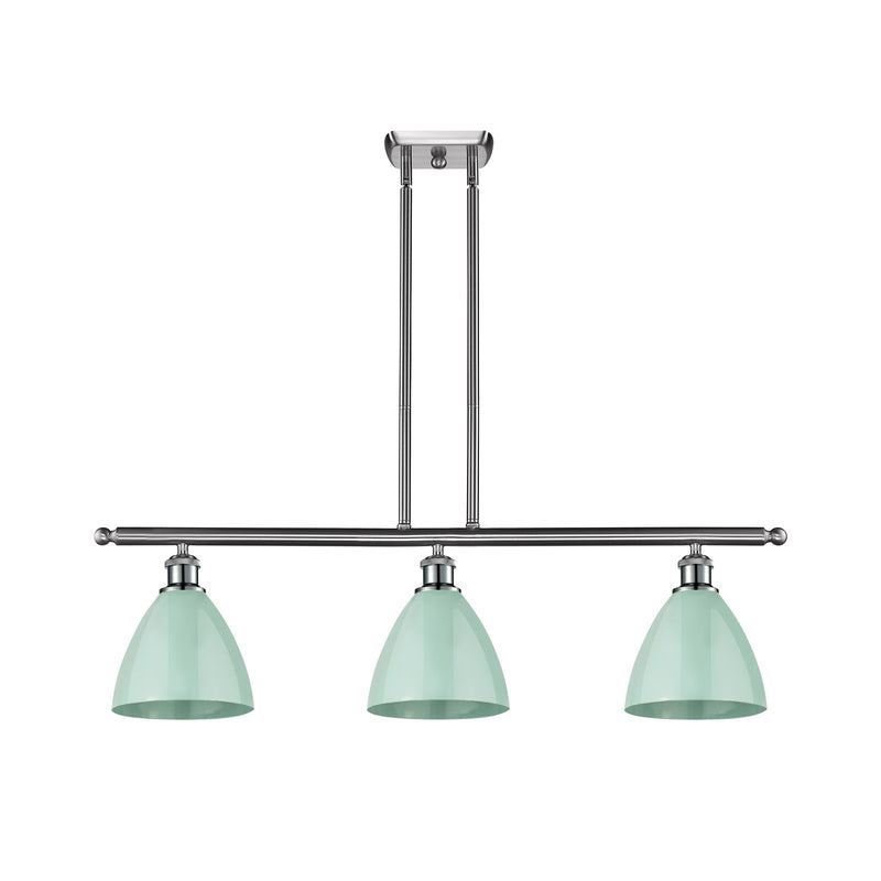 Innovations Plymouth 36in 3-Light Island Light | Industrial Brushed Satin Nickel and Matte Seafoam Metal Shade | Kitchen | Model 516-3I-SN-MBD-75-SF-LED