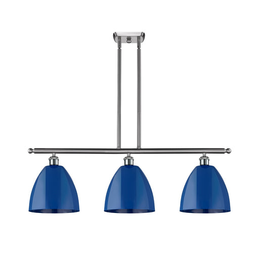 Innovations Plymouth 36in 3-Light Island Light | Industrial Farmhouse Brushed Satin Nickel and Matte Blue Metal | Kitchen | Model 516-3I-SN-MBD-9-BL-LED