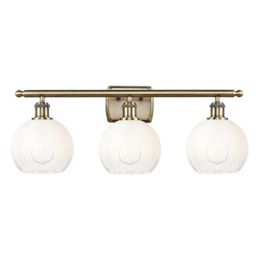 Innovations Brookhaven Globe 28in 3-Light Bath Vanity Light | Industrial Antique Brass and Opal Glass | Bathroom Vanity | 27.88 | Model 516-3W-AB-G483-8OP