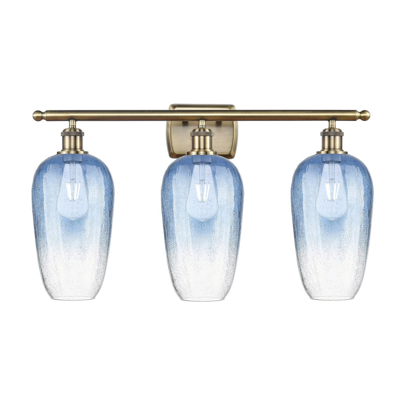Innovations Brookhaven Flute 27in 3-Light Bath Vanity | Industrial Modern Antique Brass and Sapphire Blue Glass | Bathroom | Model 516-3W-AB-G484-7SB