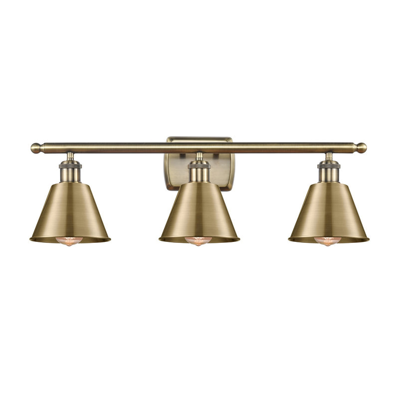 Innovations Smithfield 27in 3-Light Bath Vanity Light | Industrial Antique Brass Steel and Cast Brass Metal Shade | Bathroom Vanity | Model 516-3W-AB-M8