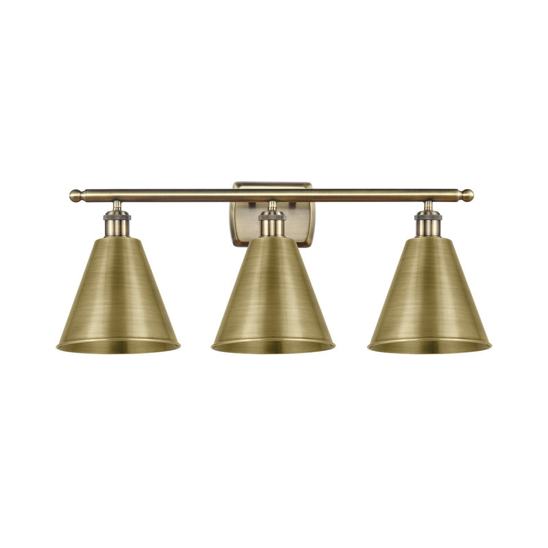 Innovations Berkshire 28in 3-Light Bath Vanity Light | Industrial Antique Brass Steel and Cast Brass with Antique Brass | Model 516-3W-AB-MBC-8-AB-LED