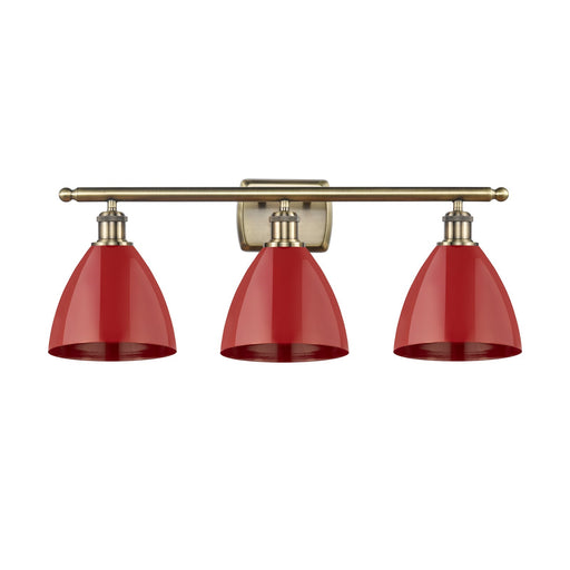 Innovations Plymouth 28in 3-Light Bath Vanity | Industrial Antique Brass Steel and Matte Red Metal Shade | Bathroom Vanity | Model 516-3W-AB-MBD-75-RD