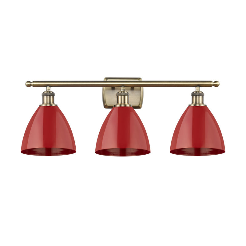 Innovations Plymouth 28in 3-Light Bath Vanity Light | Industrial Antique Brass Steel and Matte Red Metal Shade | Bathroom | Model 516-3W-AB-MBD-75-RD-LED