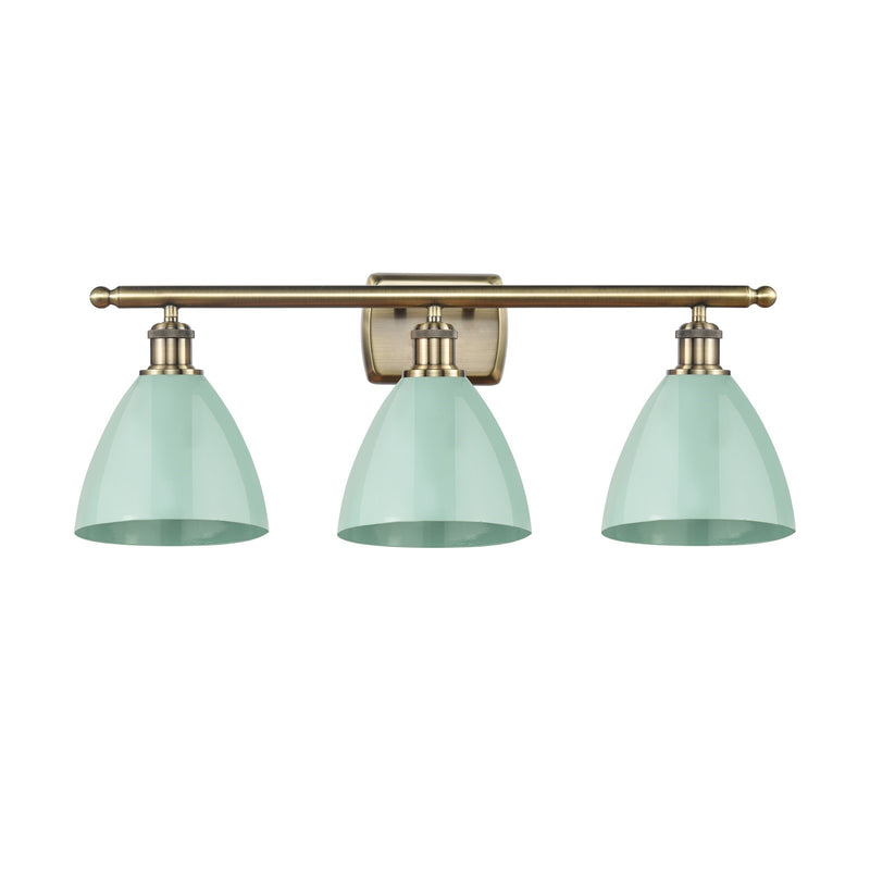 Innovations Plymouth 28in 3-Light Bath Vanity | Industrial Farmhouse Antique Brass and Seafoam Metal Shade | Bathroom Vanity | Model 516-3W-AB-MBD-75-SF