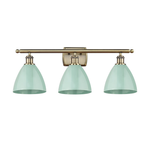 Innovations Plymouth 28in 3-Light Bath Vanity Light | Industrial Antique Brass Steel and Matte Seafoam Metal Shade | Model 516-3W-AB-MBD-75-SF-LED