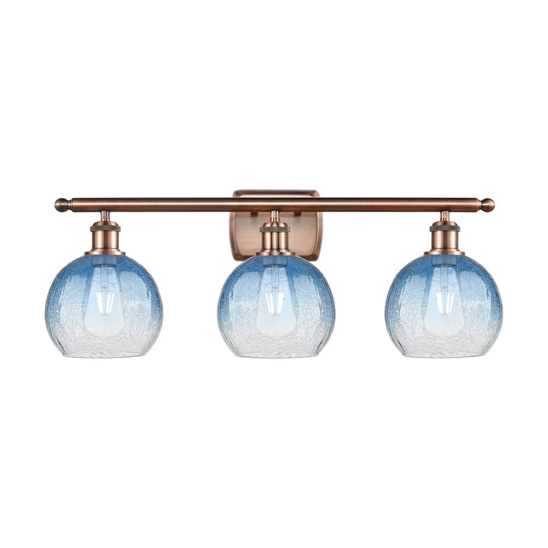 Innovations Brookhaven Globe 28in 3-Light Bath Vanity Light | Industrial Antique Copper Steel and Sapphire Blue Glass | Model 516-3W-AC-G483-8SB