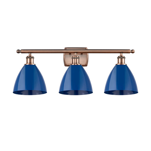 Innovations Plymouth 28in 3-Light Bath Vanity Light | Industrial Antique Copper and Matte Blue Metal Shade | Bathroom Vanity | Model 516-3W-AC-MBD-75-BL