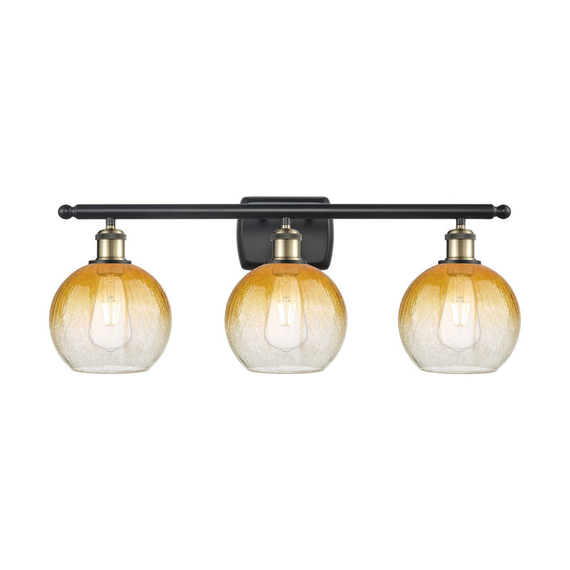Innovations Brookhaven Globe 28in 3-Light Bath Vanity Light | Industrial Black Antique Brass and Amber Glass | Bathroom Vanity | Model 516-3W-BAB-G483-8AM