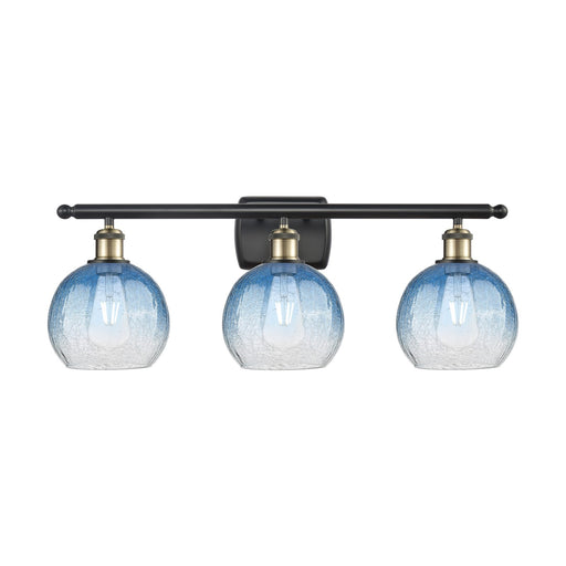 Innovations Brookhaven Globe 28in 3-Light Bath Vanity Light | Industrial Black Antique Brass and Sapphire Blue Glass | Model 516-3W-BAB-G483-8SB