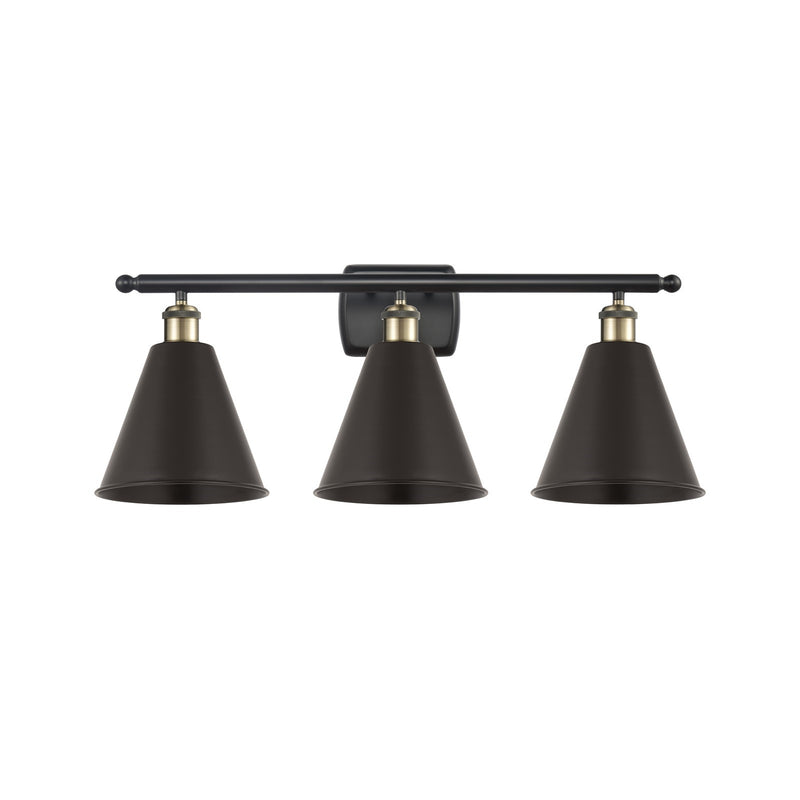 Innovations Berkshire 28in 3-Light Bath Vanity Light | Industrial Black Antique Brass and Matte Black Metal Shade | Bathroom | Model 516-3W-BAB-MBC-8-BK