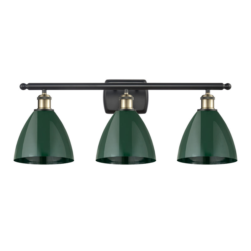 Innovations Plymouth 28in 3-Light Bath Vanity Light | Industrial Black Antique Brass and Matte Green Metal Shade | Bathroom | Model 516-3W-BAB-MBD-75-GR