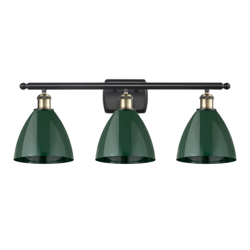 Innovations Plymouth 28in 3-Light Bath Vanity Light | Industrial Black Antique Brass and Matte Green Metal Shade | Bathroom | Model 516-3W-BAB-MBD-75-GR