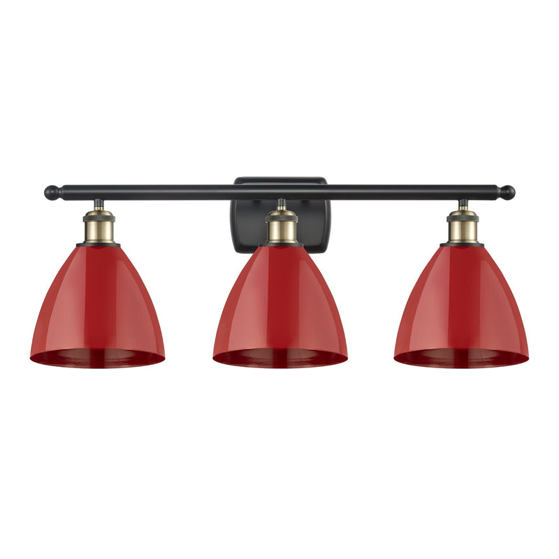 Innovations Plymouth 28in 3-Light Bath Vanity Light | Industrial Black Antique Brass and Matte Red Metal Shade | Bathroom | Model 516-3W-BAB-MBD-75-RD