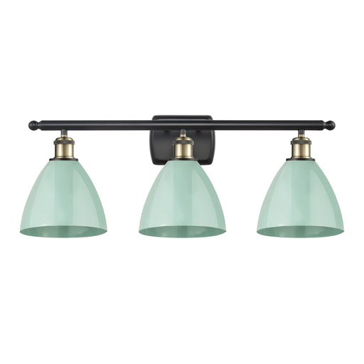 Innovations Plymouth 28in 3-Light Bath Vanity Light | Industrial Black Antique Brass and Matte Seafoam Metal Shade | Model 516-3W-BAB-MBD-75-SF-LED