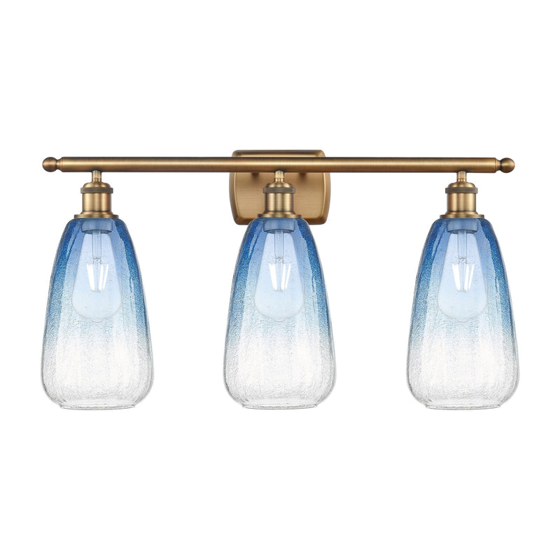 Innovations Brookhaven Almond 26in 3-Light Bath Vanity Light | Industrial Brushed Brass and Sapphire Blue Glass | Bathroom | Model 516-3W-BB-G480-6SB