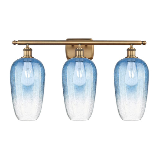 Innovations Brookhaven Flute 27in 3-Light Bath Vanity | Industrial Brushed Brass Steel and Sapphire Blue Glass | Bathroom | Model 516-3W-BB-G484-7SB