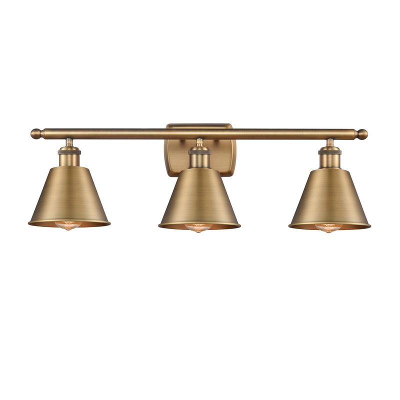 Innovations Smithfield 27in 3-Light Bath Vanity Light | Industrial Farmhouse Brushed Brass and Metal Shade | Bathroom Vanity | 26.5 x | Model 516-3W-BB-M8
