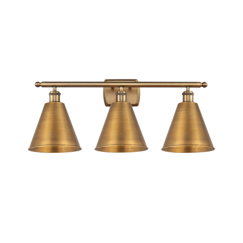 Innovations Berkshire 28in 3-Light Bath Vanity Light | Industrial Farmhouse Brushed Brass Steel and Metal Shade | Bathroom & | Model 516-3W-BB-MBC-8-BB