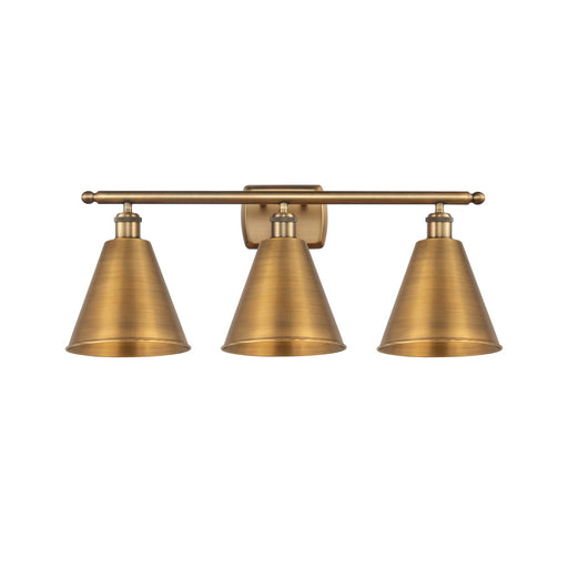 Innovations Berkshire 28in 3-Light Bath Vanity Light | Industrial Farmhouse Brushed Brass Steel and Cast Brass Metal Cone | Model 516-3W-BB-MBC-8-BB-LED